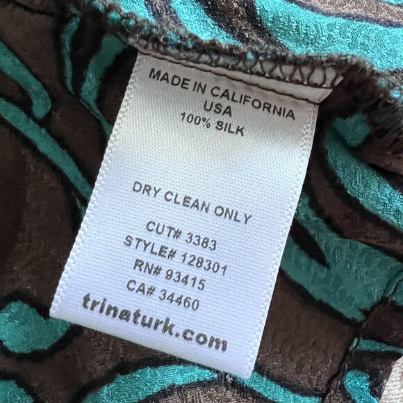 Trina Turk Shirt Womens Petite Brown Teal Silk Jacquard Button Blouse 3/4 Sleeve - Picture 10 of 12